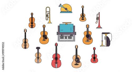 Musical instruments composition on white