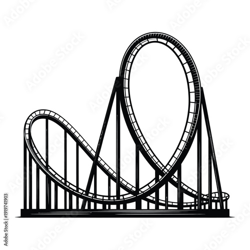 Black and white illustration of a looping roller coaster track structure