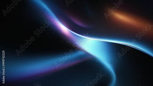 Close-up of abstract 3D gradient shapes made of blue and purple light beams, centered but small in scale with large black negative space around
