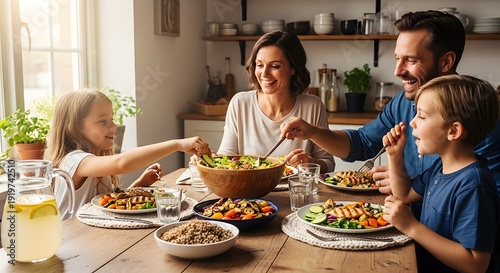 A candid moment of a family enjoying lunch together at the dining table with a healthy menu.