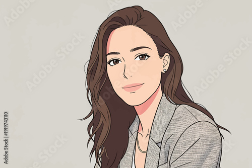 A woman with long hair sits and smiles while wearing a gray blazer. The background is simple and light-colored, and it is daytime.