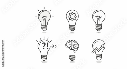 Vector set of light bulb icons representing idea and innovation, editable line art, technology concept, problem-solving symbols, clean white background, commercial stock illustration.