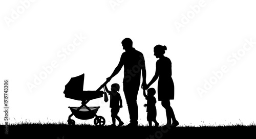 Family Silhouette Walking with Stroller Outside.