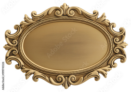 Golden oval frame with ornate decoration isolated on a transparent background