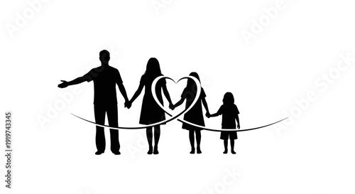 Silhouette Family Holding Hands with Heart.