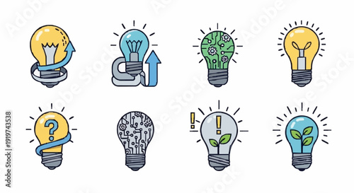 Set of light bulb icons with editable strokes, vector graphics elements, technology and creativity inspiration symbols, solution and innovation concept, isolated on white background, clean flat vector