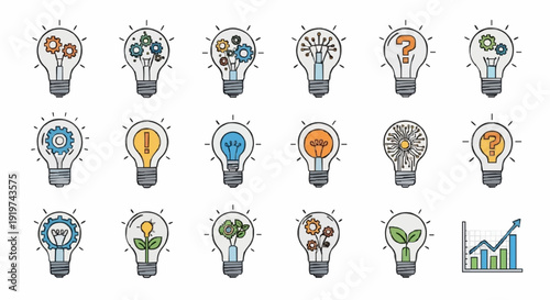Set of light bulb icons with editable strokes, vector graphics elements, technology and creativity inspiration symbols, solution and innovation concept, isolated on white background, clean flat vector