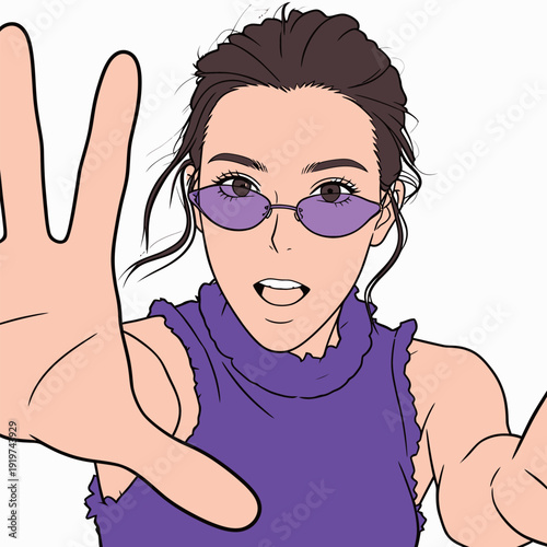 A young woman is reaching out with her hands while wearing purple sunglasses and a purple top. She appears to be having fun.