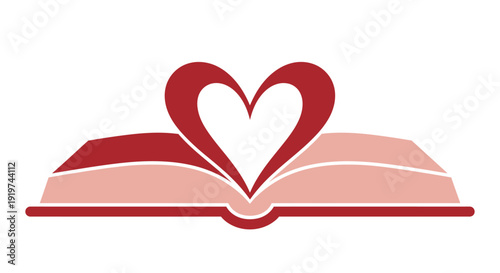An open book with a prominent red heart shape emerging from its pages, symbolizing love for reading and stories.