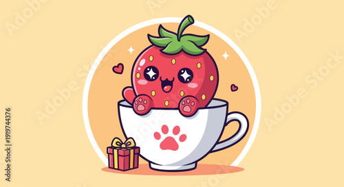 Cartoon strawberry character in a coffee cup with gift box illustration
