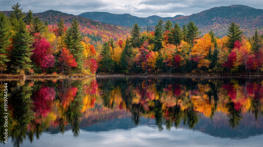 Fototapeta premium a scene at the White Mountain National Forest in New Hampshire showing beautiful fall colors, hundreds of trees above a lake 