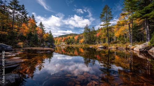 a scene at the White Mountain National Forest in New Hampshire showing beautiful fall colors, hundreds of trees above a lake
