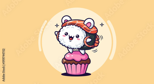Cartoon sushi character on cupcake with yellow background illustration