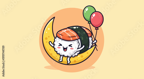 Cartoon sushi character with balloons on crescent moon illustration