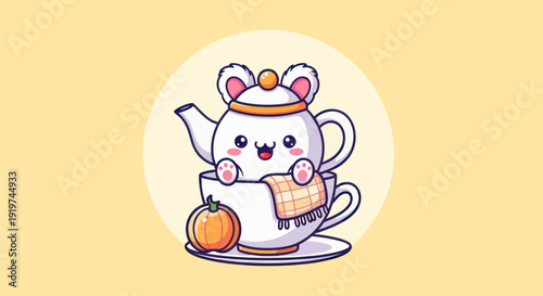 Cartoon teapot character with cute expression in a teacup and pumpkin