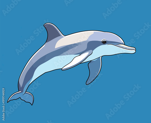 A dolphin swims gracefully in the blue ocean water. It explores its surroundings under the bright sun.