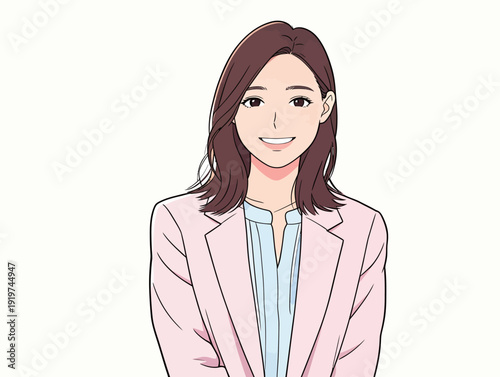 A woman stands smiling in a light outfit. The setting is simple with a bright background adding focus to her expression.