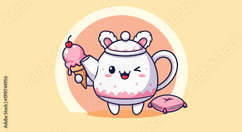 Cartoon teapot character with ice cream and pillow on light orange background