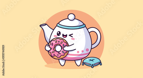 Cartoon teapot holding donut illustration isolated against beige background