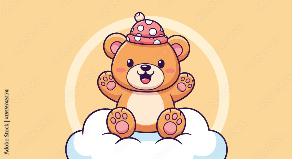 Εκτύπωση καμβά Cartoon teddy bear wearing a nightcap sitting on a cloud