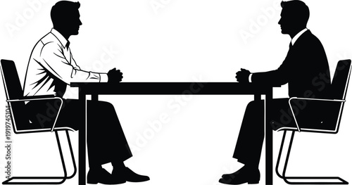 Corporate business meeting illustration featuring two men in suits sitting at an office desk for a job interview or professional negotiation in clean line art style