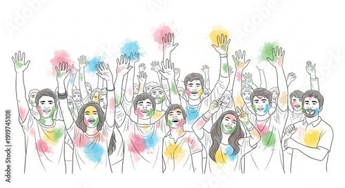 Diverse group of people celebrating with colorful paint on faces and clothes joyful expressions hands raised in excitement vibrant holi festival atmosphere