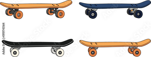 Colorful skateboard set featuring side profile views of various decks in orange, blue, and black for extreme sports, youth culture, and urban lifestyle concepts