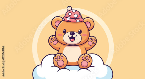 Photos Cartoon teddy bear wearing a nightcap sitting on a cloud