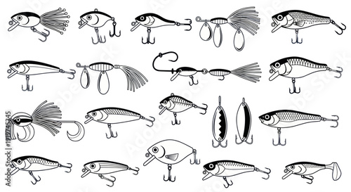 Collection of Fishing Lures, Hand Drawn Illustrations