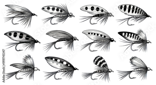 Collection of Hand-Drawn Fishing Lures, Fly Fishing Tackle Assortment