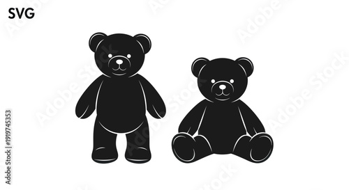 Cute Black Teddy Bear Silhouettes on White Background