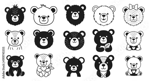 Cute Teddy Bear Illustrations: Variety of Adorable Cartoon Bear Faces and Figures
