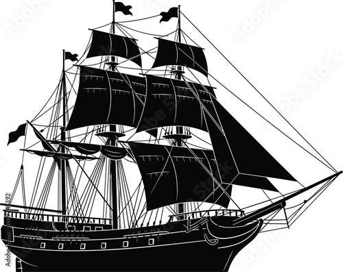 Vintage three-masted sailing ship silhouette featuring detailed rigging and billowing sails for maritime history, nautical exploration, and tall ship concepts