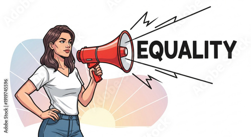 Woman holding megaphone with equality text symbolizing social justice and activism for human rights and freedom