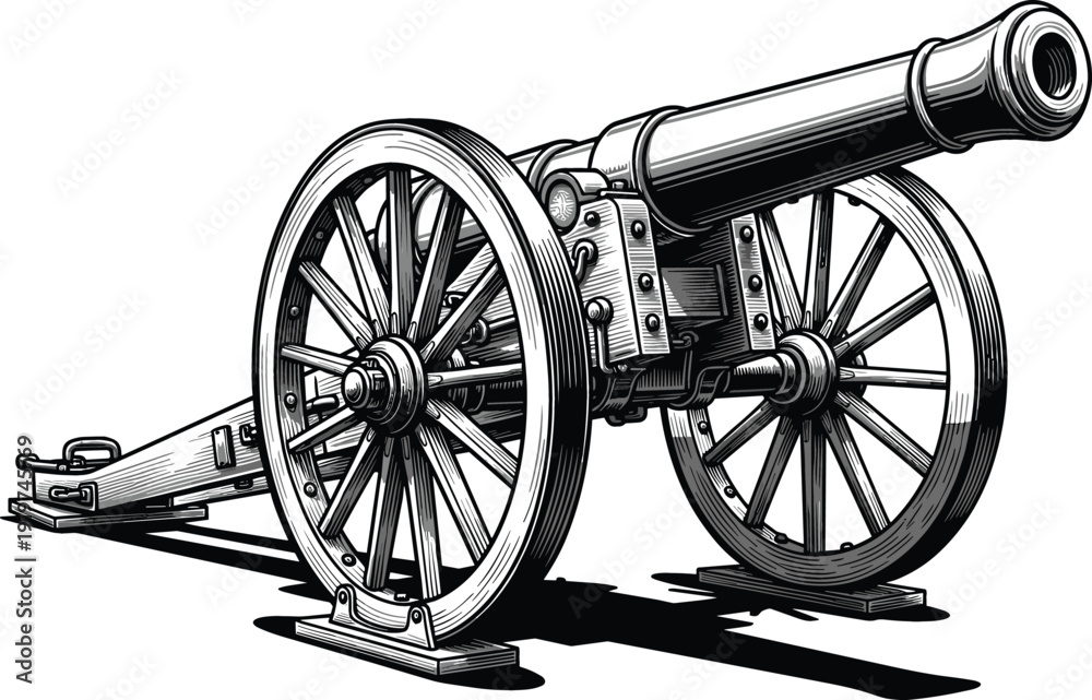 Ταπετσαρία Vintage field cannon on large wooden wheels in a detailed woodcut sketch style f