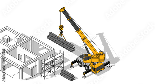 Yellow Crane Lifting Heavy Construction Material.