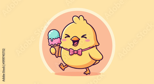 Cheerful cartoon chick enjoying ice cream cone illustration