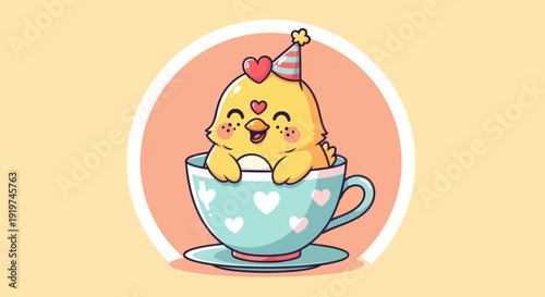 Cheerful cartoon chick in teacup with heart shaped party hat vector illustration