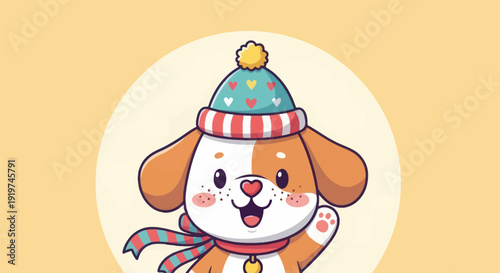 Cheerful cartoon dog wearing hat and scarf waving hello against a yellow backdrop