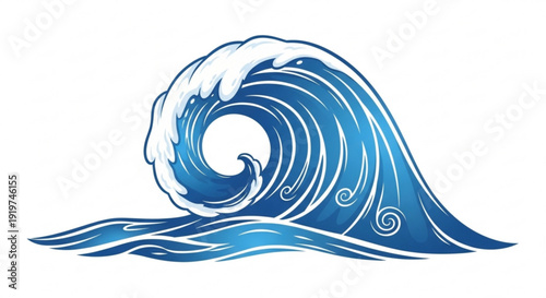 Large blue ocean wave with white foam cresting curling and rolling on the surface of the sea