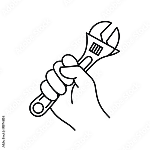A hand firmly gripping a wrench in a simple line art style