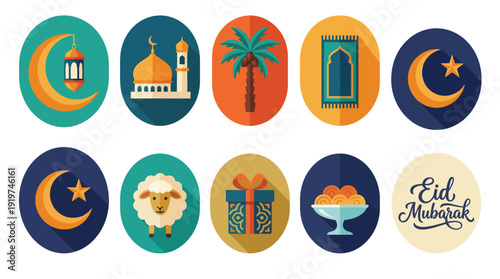 Eid al-Adha Islamic celebration icons set with crescent moon and mosque.
