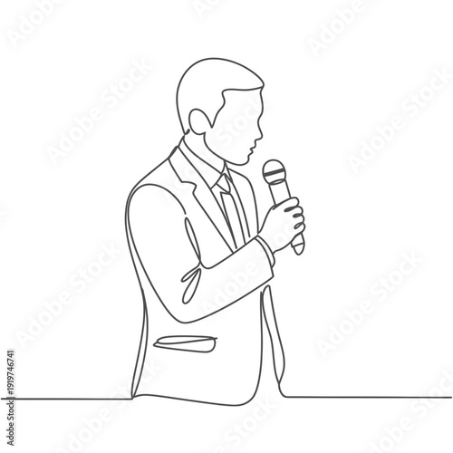 Line drawing of a man in a suit speaking into a microphone