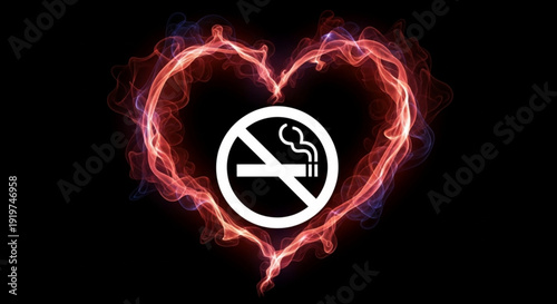 No smoking heart symbol with red flame outline on black background for health and wellness campaigns