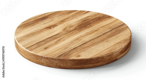 A circular, light-brown wooden cutting board, elevated on a white background, shadows present
