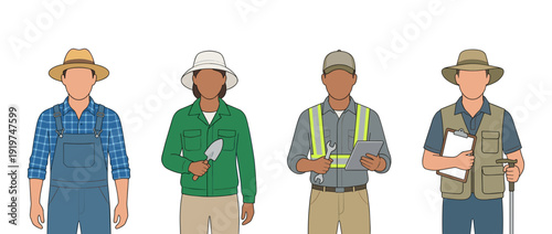 Illustration of four diverse individuals in work attire, representing different professions like farming, gardening, construction, and surveying.