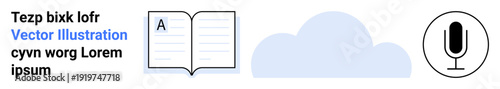 Education, e-learning, cloud storage, voice recognition, communication tools, digital transformation. Open book, cloud and microphone icons displayed. Education and e-learning concepts