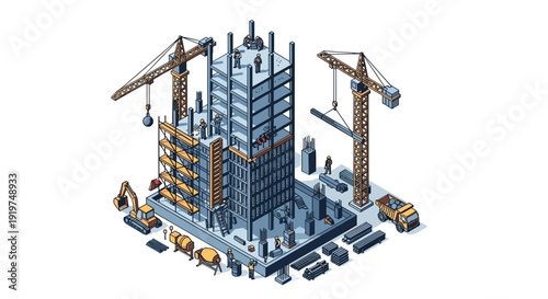 Isometric Building Construction Site with Cranes.