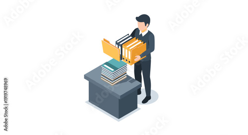 Man holding cardboard box with documents.