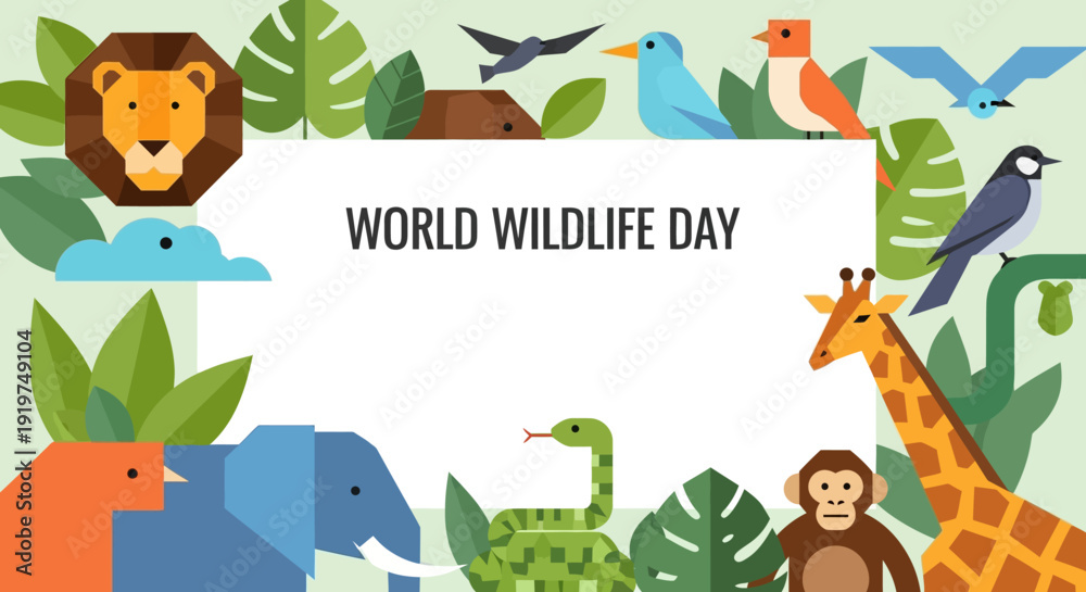 Fototapeta premium A vibrant illustration celebrating World Wildlife Day with a diverse array of animals and lush greenery.
